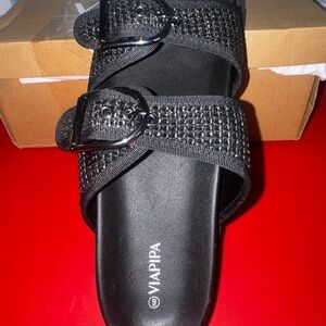 New Black Embellished Wicker look Women's Slide Sandals